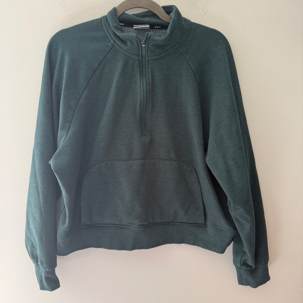 Asics Womens Green Heathered Quarter Zip Pullover Fleece Sweatshirt Size L